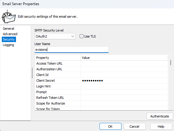 OAuth2 is selected as the SMTP Security Level.